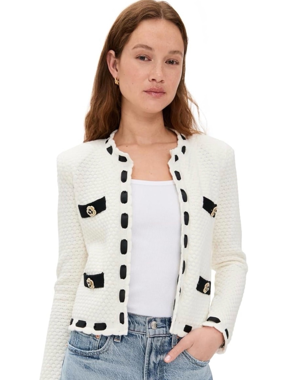 L’Agence Astor White Textured Open-Front Long Sleeve Jacket Cardigan Black Trim